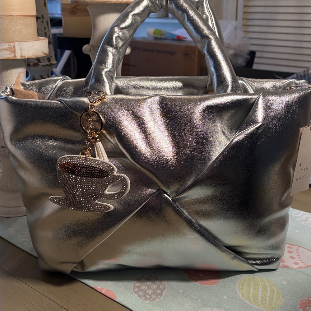 A NEW DAY Metallic Silver Tote Bag with Decorative Charm - Women Bags